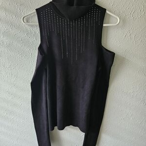 Black Long Sleeved Cut Off Shoulder Turtleneck Top with Rhinestone Details